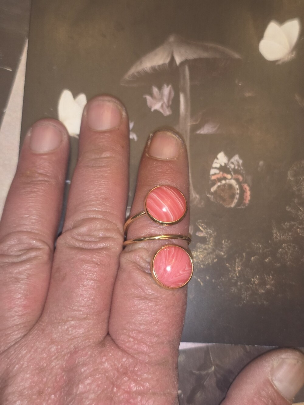 Rhodochrosite? Double Gemstone In Gold Tone Frame, Adjustable Ring